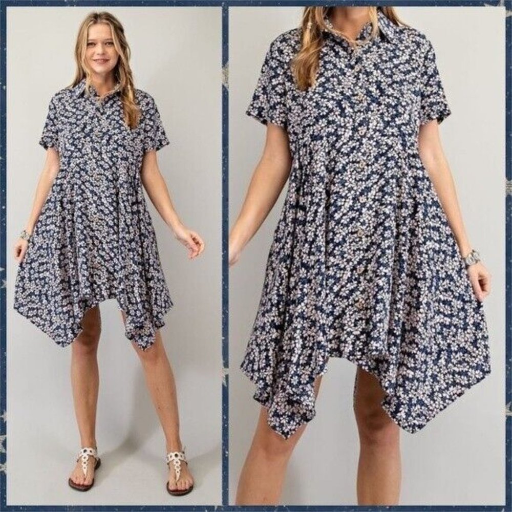 EASEL Lightweight Short Sleeved Collared Button Front Shark Bite Hem Shirt Dress - Picture 10 of 14